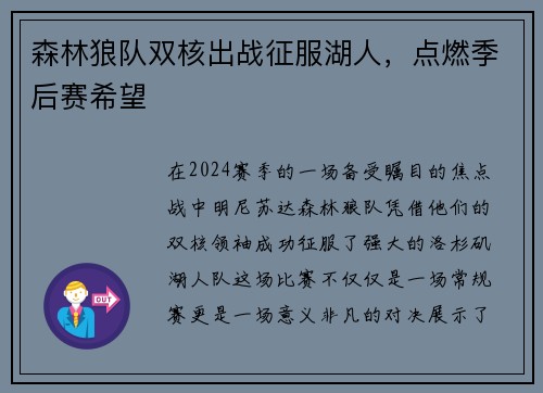 森林狼队双核出战征服湖人，点燃季后赛希望